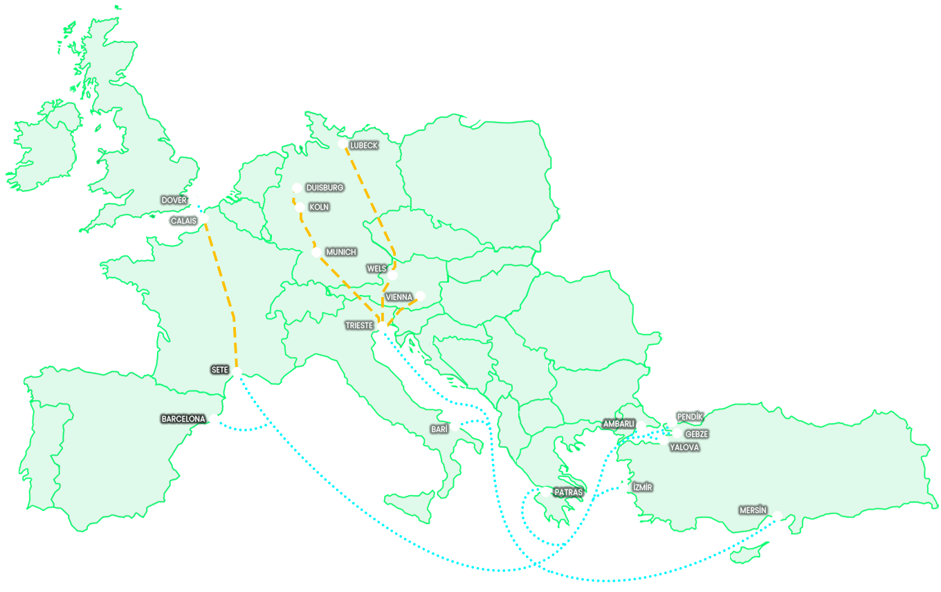 Map of Waldmodal's intermodal routes between Turkey and Europe