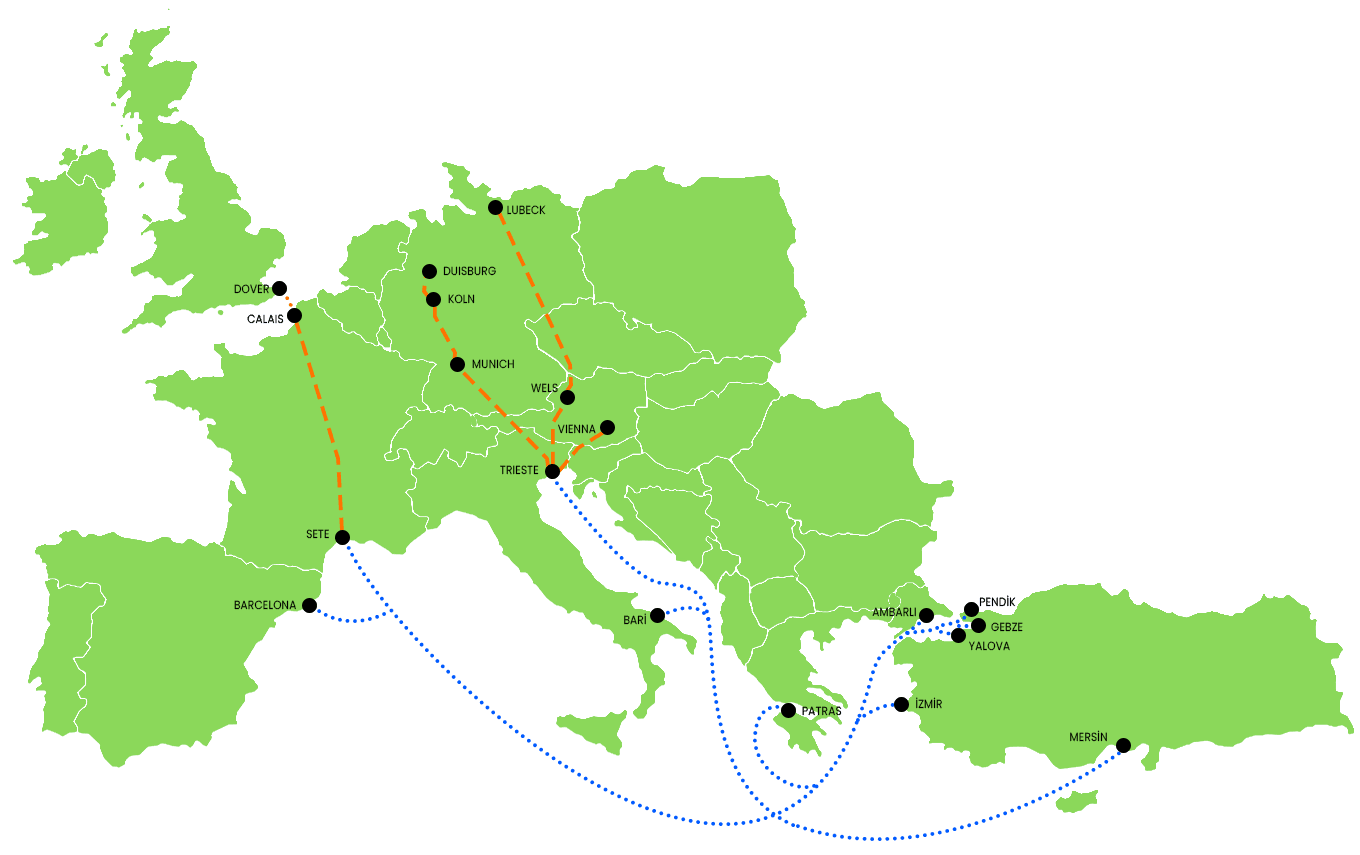 Waldmodal'ın Türkiye–Avrupa intermodal rota haritası